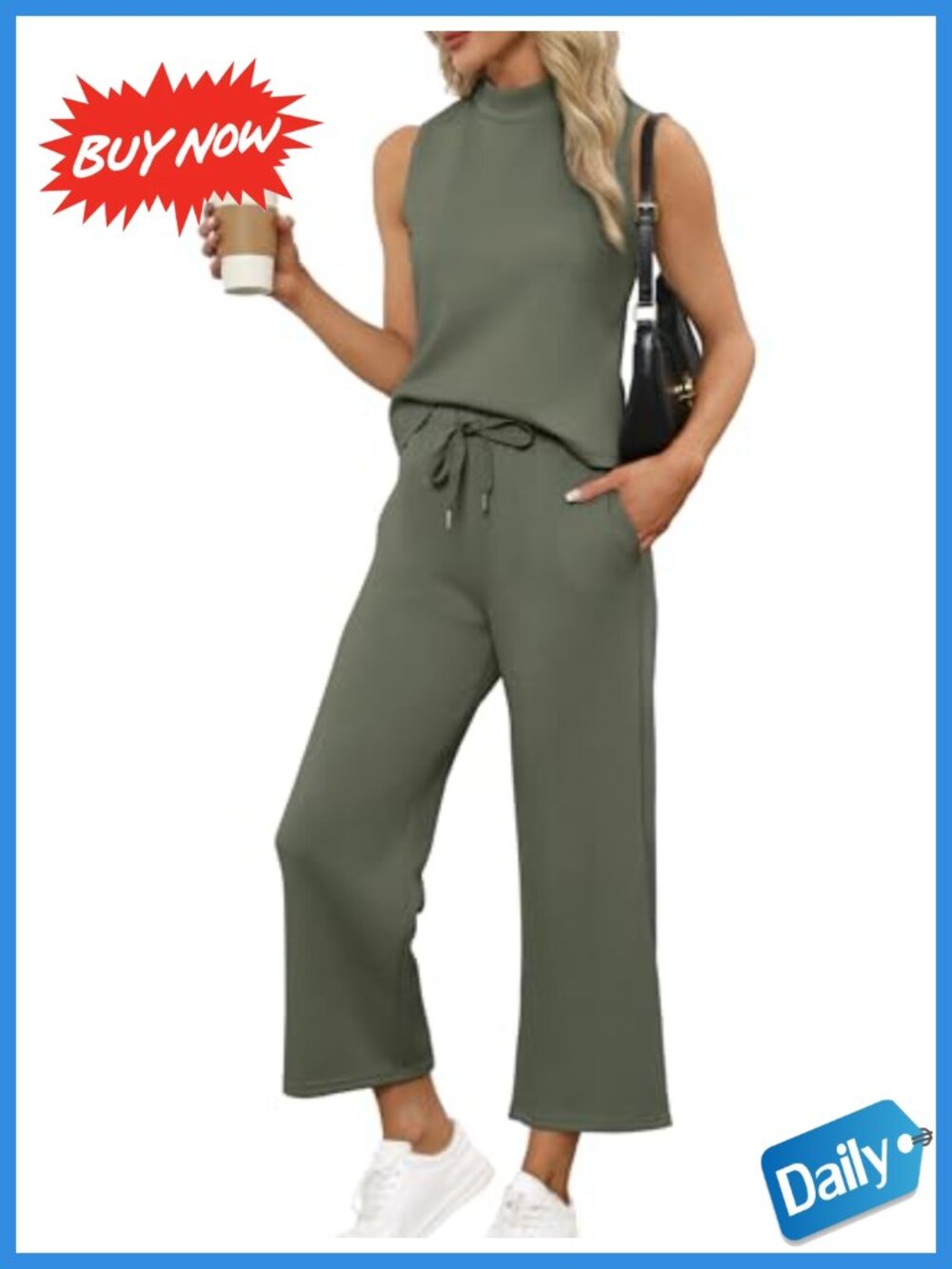 Two Piece Lounge Set Mock Neck Sleeveless Top Wide Leg Crop Pants Travel